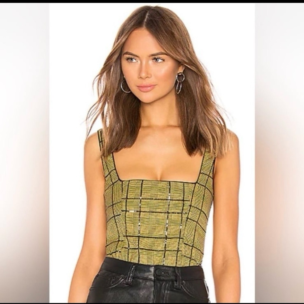 NBD Yellow Plaid Sequins Crop Top